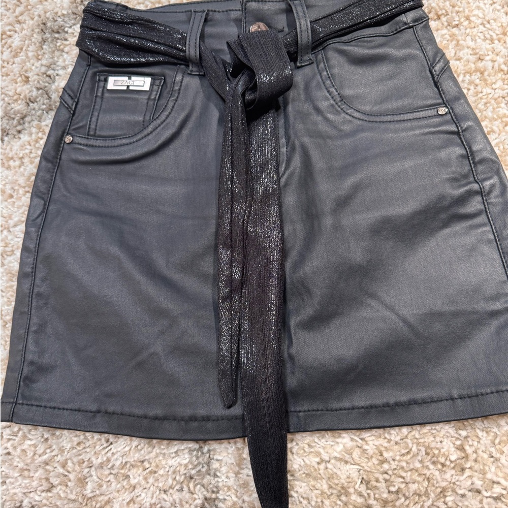 Faux Leather Mini Skirt with Belt - Black